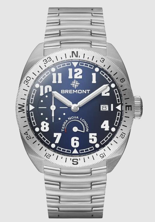 Best Bremont TERRA NOVA 40.5 TURNING BEZEL POWER RESERVE Blue Dial Steel Strap Replica Watch